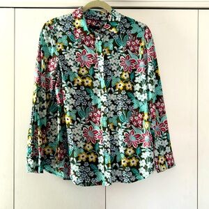 Rich Talbots button up blouse green background teal, red & yellow. Size small.